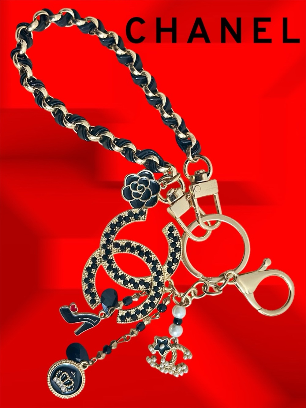 CHANEL CC Charm(Auth./Stamped) BagCharm/Keyring)  Gold & black w/Pearls. New.